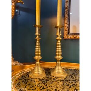 Vintage Brass Candlestick Holders Pair 10.75 Inch Taper Candle Holders